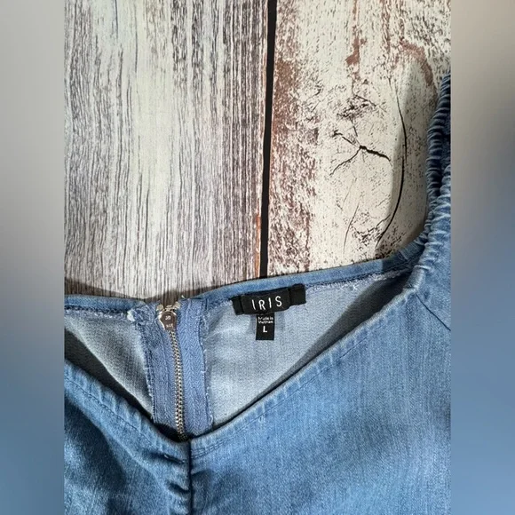 Iris Rouched Stretchy Med Blue Denim Dress On or Off Shoulder Size Large - Picture 7 of 9